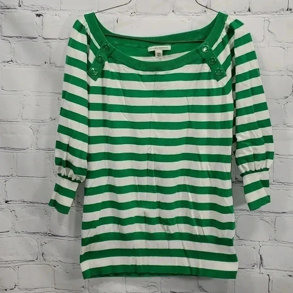 Banana Republic Woman's Pullover Top White & Green Stripes 3/4 Sleeves Size M